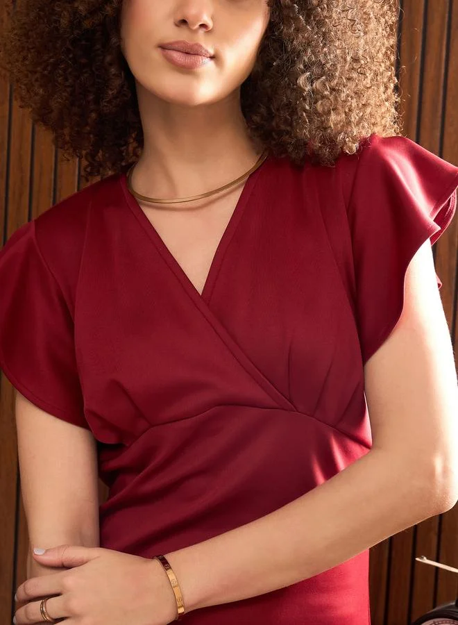 Sassafras  Women Maroon Satin Frill Midi Dress for Women | Best Price UAE